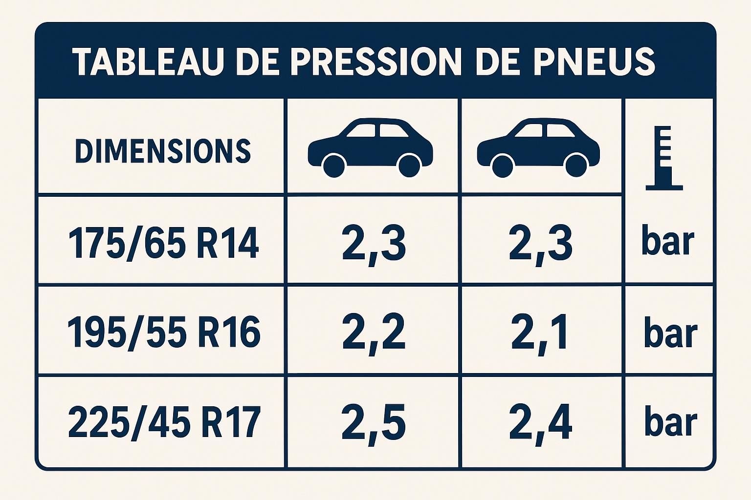 découvrez un tableau complet de la pression des pneus et apprenez les conséquences d'une pression incorrecte pour assurer votre sécurité et optimiser la performance de votre véhicule.