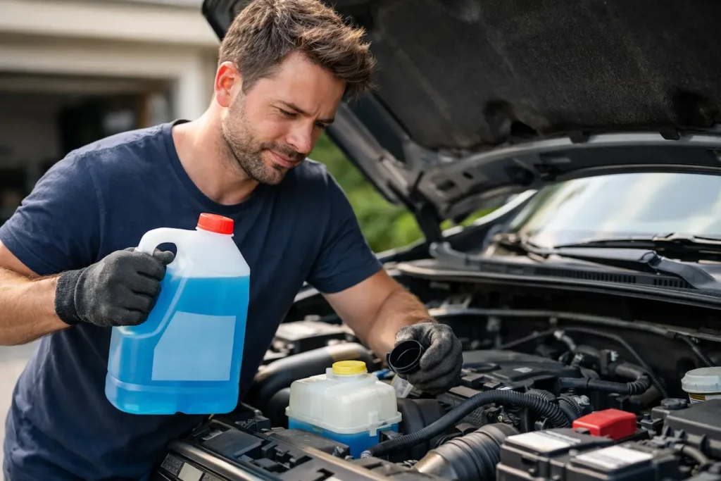Homme effectuant l’entretien de sa voiture, capot ouvert, tenant un bidon de liquide de refroidissement devant le moteur
