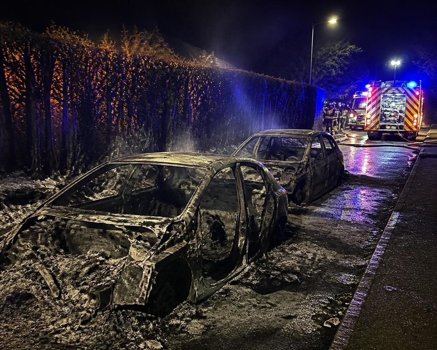 un violent incendie nocturne au puy-en-velay a détruit deux voitures et une haie, provoquant d'importants dégùts et inquiétant les habitants locaux.