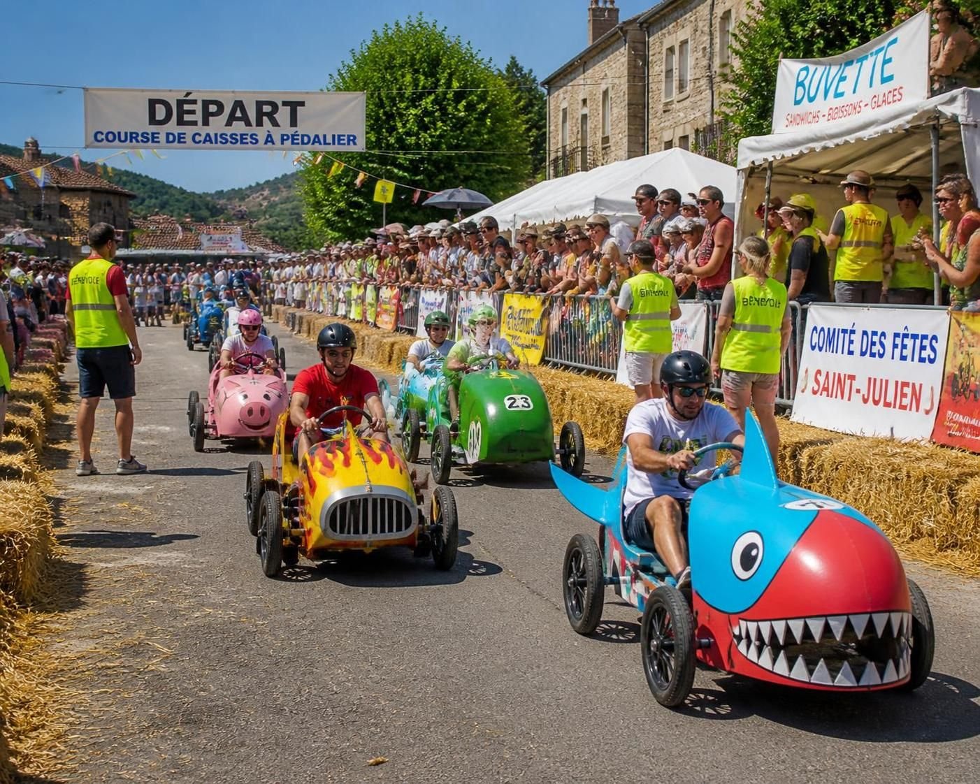 dimanche 30 aoĂ»t Ă bagneux, assistez Ă la course unique de quinze voitures Ă pĂ©dalier prĂȘtes Ă s'Ă©lancer pour une compĂ©tition passionnante et familiale.