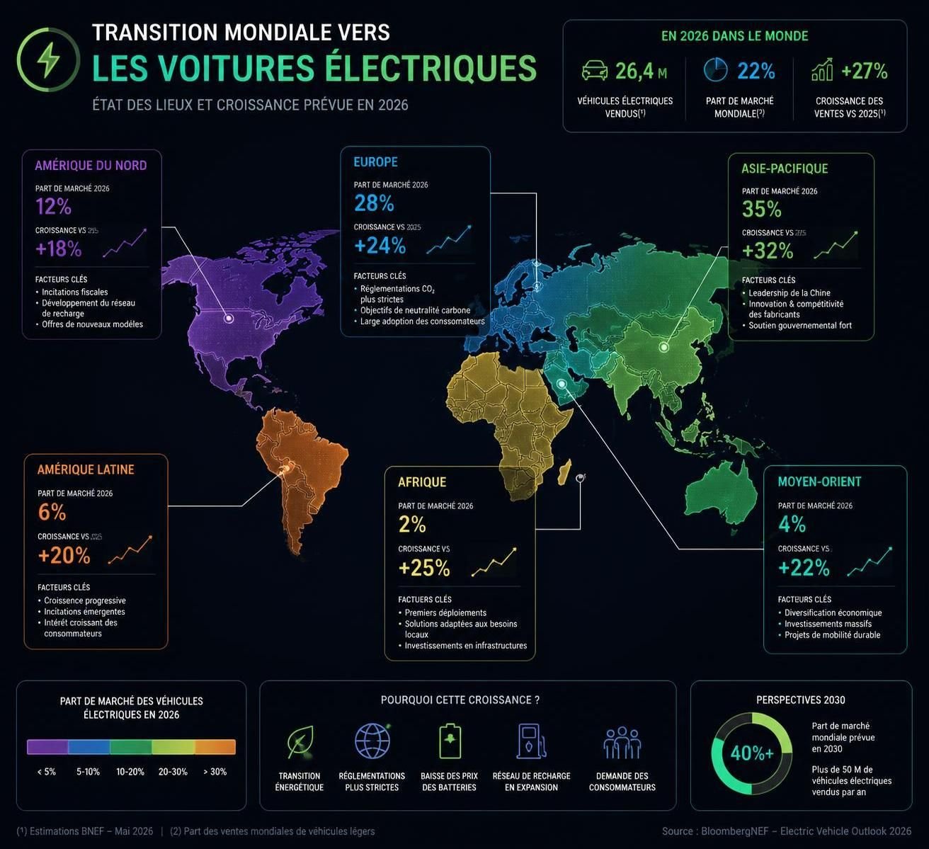 découvrez comment les voitures électriques devraient atteindre une part de marché mondiale de 29 % en 2026, stimulées par la hausse des prix du pétrole et la transition vers une mobilité durable.